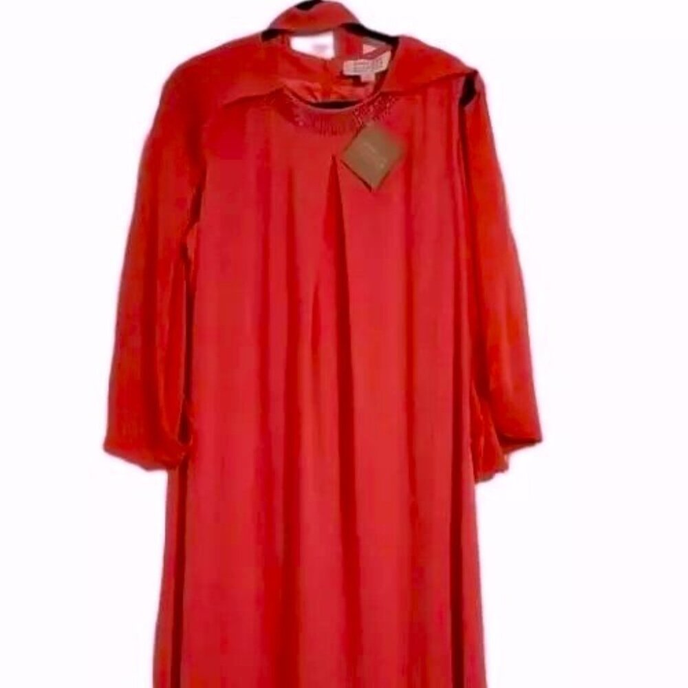 Badgley Mischka Red Dress Jewel Neck w/Matching Chiffon Cape Dress SMALL  &  2X - Picture 5 of 8